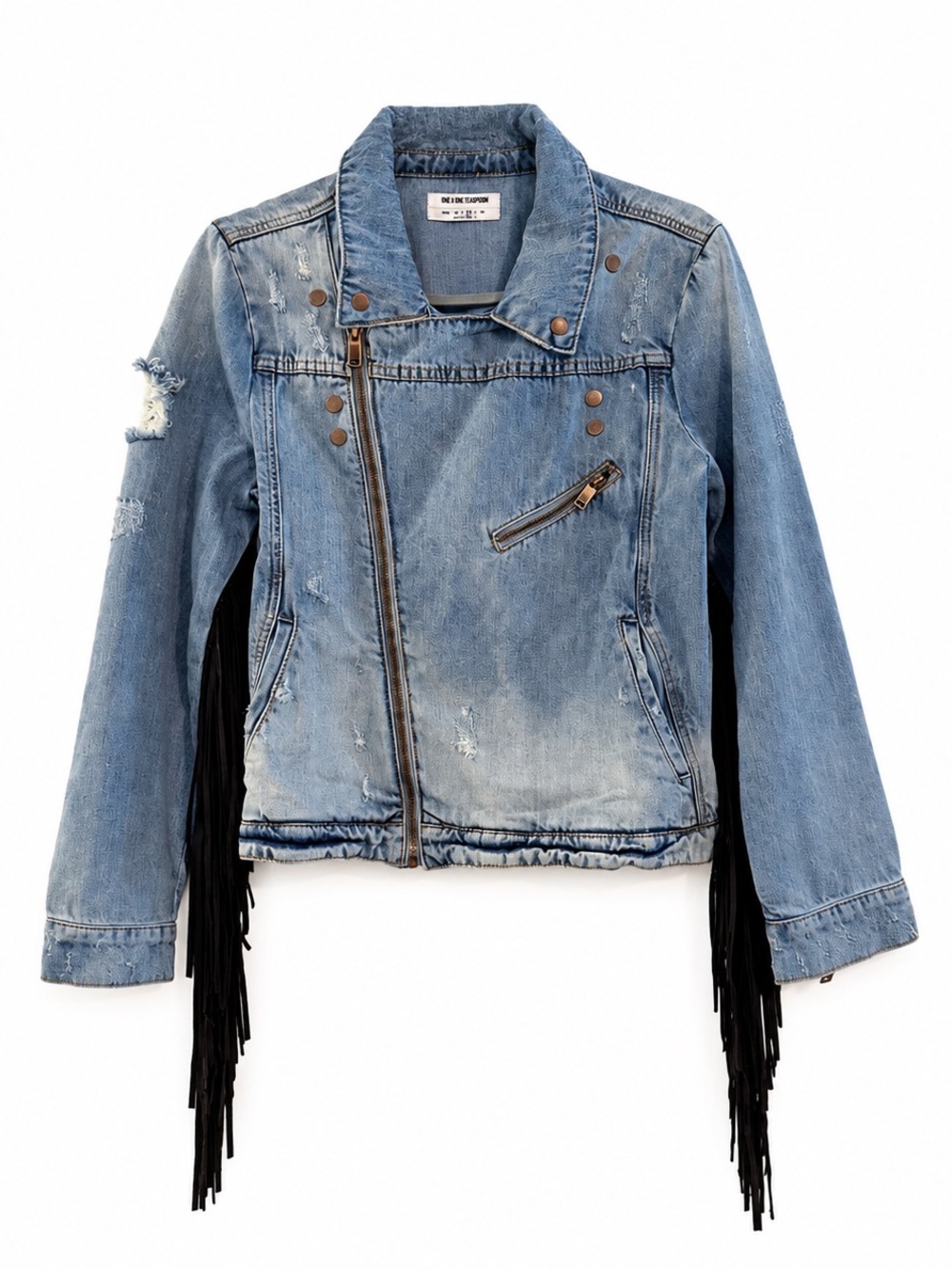 COOL!! 🔥One Teaspoon Distressed Light Blue Denim Fringe Moto Jacket